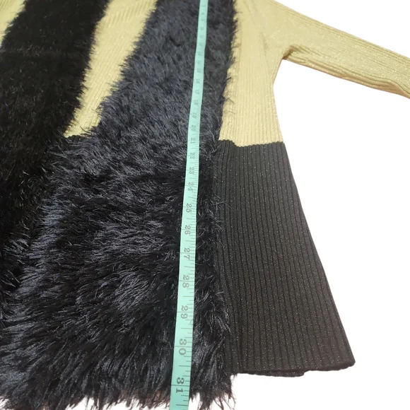 Y2K Lauren Michelle Metallic Gold Cardigan Silky Black Faux Fur Women's XL Glam - Picture 8 of 8